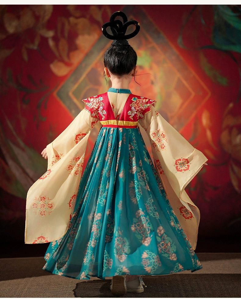 Rear view of Girls Ancient Hanfu showcasing flowing silhouette and Tang-inspired floral embroidery for spring and autumn wear.