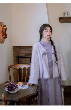 ''Falling Grace" Lace Qipao Cheongsam Dress & Faux Fur Jacket – Winter Collection - Yandan_Hanfu