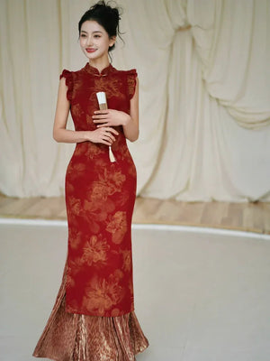 Lotus Step – Red Mermaid Qipao for Wedding, Engagement & Tea Ceremony - Yandan_Hanfu