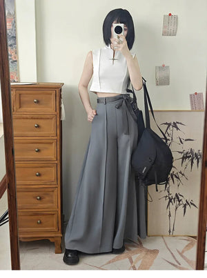 Tied Harmony – Unisex Wide-Leg Pants | New Chinese Style High-Waist Pleated Trousers with Belted Design - Yandan_Hanfu