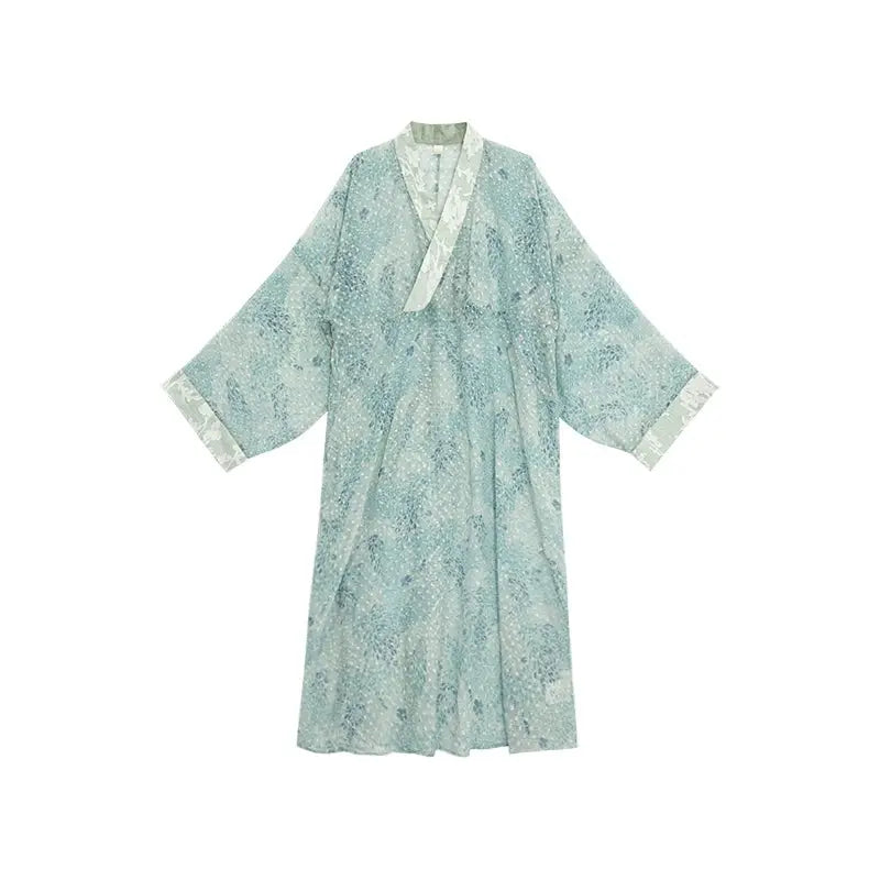 Whisper of Spring – Embroidered Blue Hanfu Dress with Waist Sash | Elegant Straight-Cut Robe in New Chinese Style