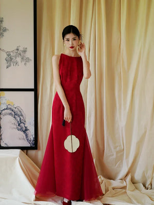 "Happy hairpin" red yarn original improved cheongsam bridal wedding dress toasting dress engagement - Yandan_Hanfu