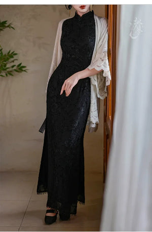 Silent Fragrance – Velvet Beaded Sleeveless Floor-Length Qipao with New Chinese Style Blazer - Yandan_Hanfu