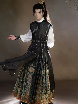 Unisex Hanfu Set – Inlaid Bronze-Inspired Brocade Horse-Face Skirt in Modern Chinese Style - Yandan_Hanfu
