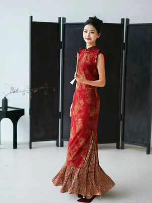 Lotus Step – Red Mermaid Qipao for Wedding, Engagement & Tea Ceremony - Yandan_Hanfu