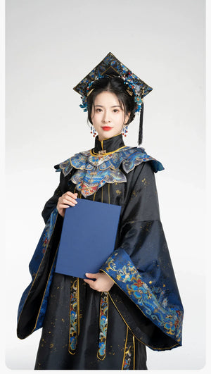 Blue Chinese-style graduation outfit with square tassel hat and layered cloud shoulder