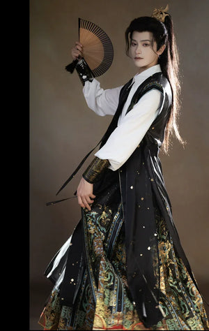 Unisex Hanfu Set – Inlaid Bronze-Inspired Brocade Horse-Face Skirt in Modern Chinese Style - Yandan_Hanfu