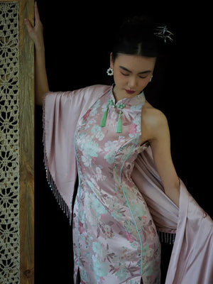 "Pink Bell" Pink Jacquard Bell Cheongsam/Qipao Shawl Bridal Dress - Yandan_Hanfu