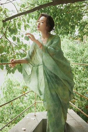 100% Ramie Modern Chinese Dress – Green Tie-Dye Print with Loose Silhouette & Camisole Layer - Yandan_Hanfu
