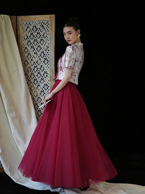 "Mei Xue Gauze Dress Set" Bridal Red Engagement Dress Cheongsam Xiuhe Dress - Yandan_Hanfu