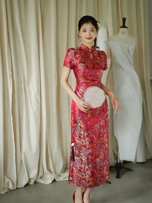 Yue Xi – Red Embroidered Jacquard Qipao for Wedding, Engagement & Tea Ceremony - Yandan_Hanfu
