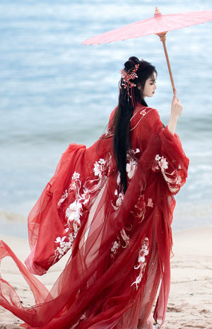 Tang Dynasty Hanfu | Red chest-length wrap skirt with super fairy embroidery and large-sleeved top suit - Yandan_Hanfu