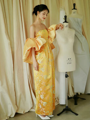 "Yunjing" yellow jacquard pregnant woman cheongsam bride toast dress - Yandan_Hanfu