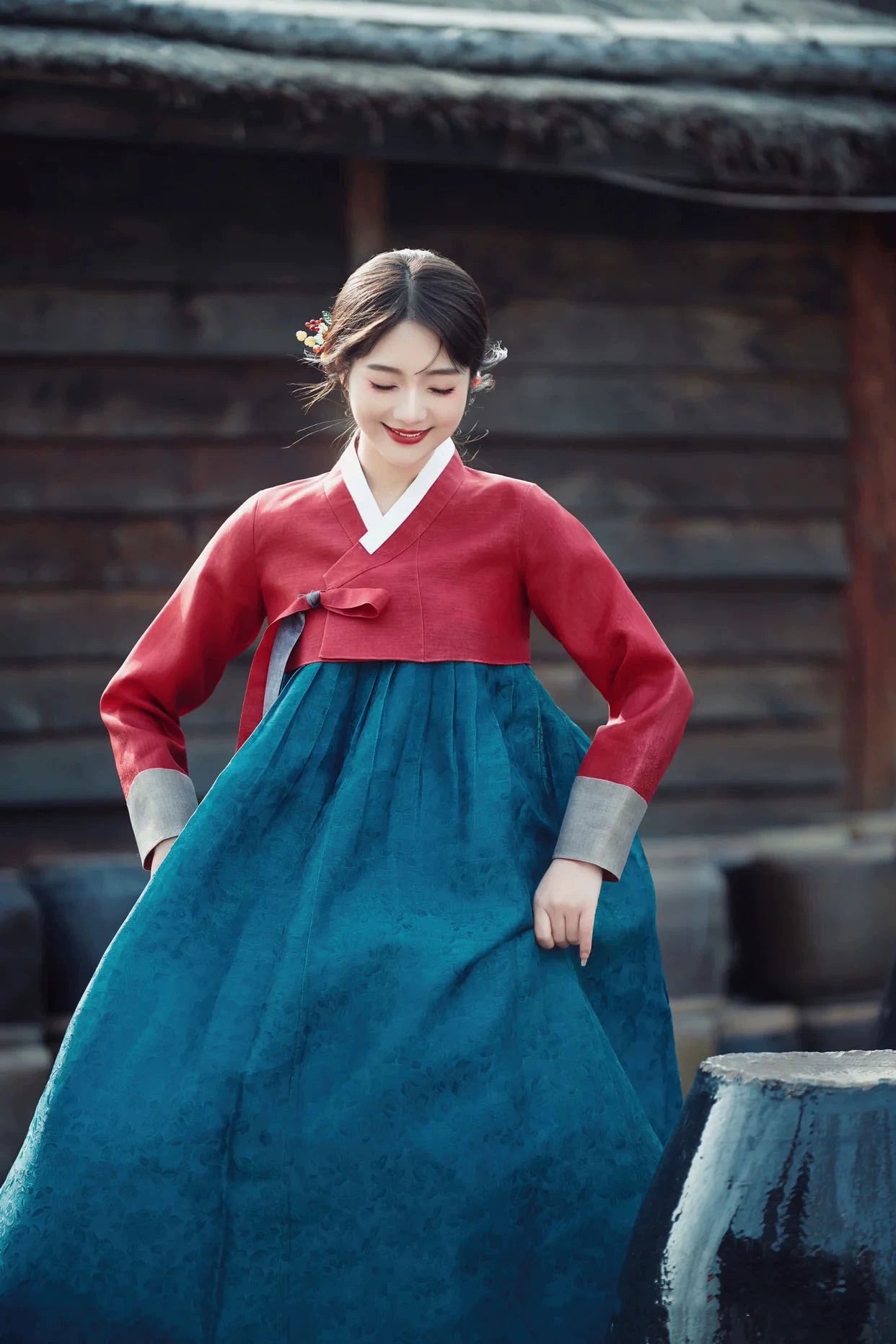Graceful Hanbok Wedding Dress in red and blue, styled for Korean traditional court performances and national stage dances.