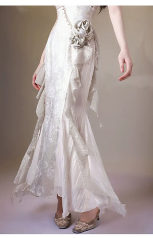 Aries Goldflow – Textured Satin Mermaid Qipao Dress from the Zodiac Collection - Yandan_Hanfu