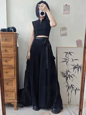 Tied Harmony – Unisex Wide-Leg Pants | New Chinese Style High-Waist Pleated Trousers with Belted Design - Yandan_Hanfu