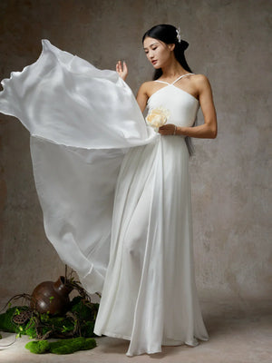 Elegant Solid Halter Maxi Dress – Flowing High-Slit Skirt for Dance & Evening Wear - Yandan_Hanfu