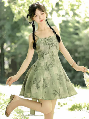 【Whisper of Bamboo】 Sweet Hanfu-Inspired Dress – Modern Chinese Style with Camisole Design - Yandan_Hanfu