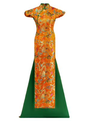 Runway Elegance – Luxury New Chinese Style Mermaid Train Gold Qipao Evening Gown - Yandan_Hanfu