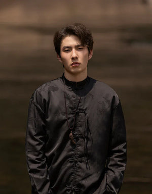 Bamboo leaf print disc buckle Tang suit men's retro Chinese style shirt - Yandan_Hanfu