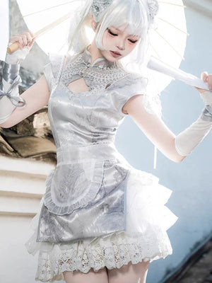 New Chinese style white Dress Cheongsam Maid Apron Short Dress Lolita - Yandan_Hanfu