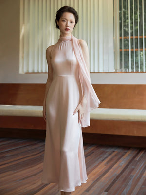 100% Acetate Mulberry Silk Modern Chinese Dress – Versatile Shawl Design, Off-Shoulder Summer Evening Gown - Yandan_Hanfu