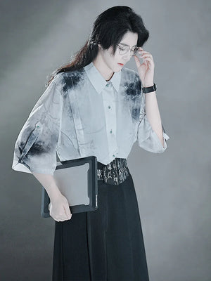 Clivia ink shirt Chinese fashion new Chinese element pants summer suit - Yandan_Hanfu