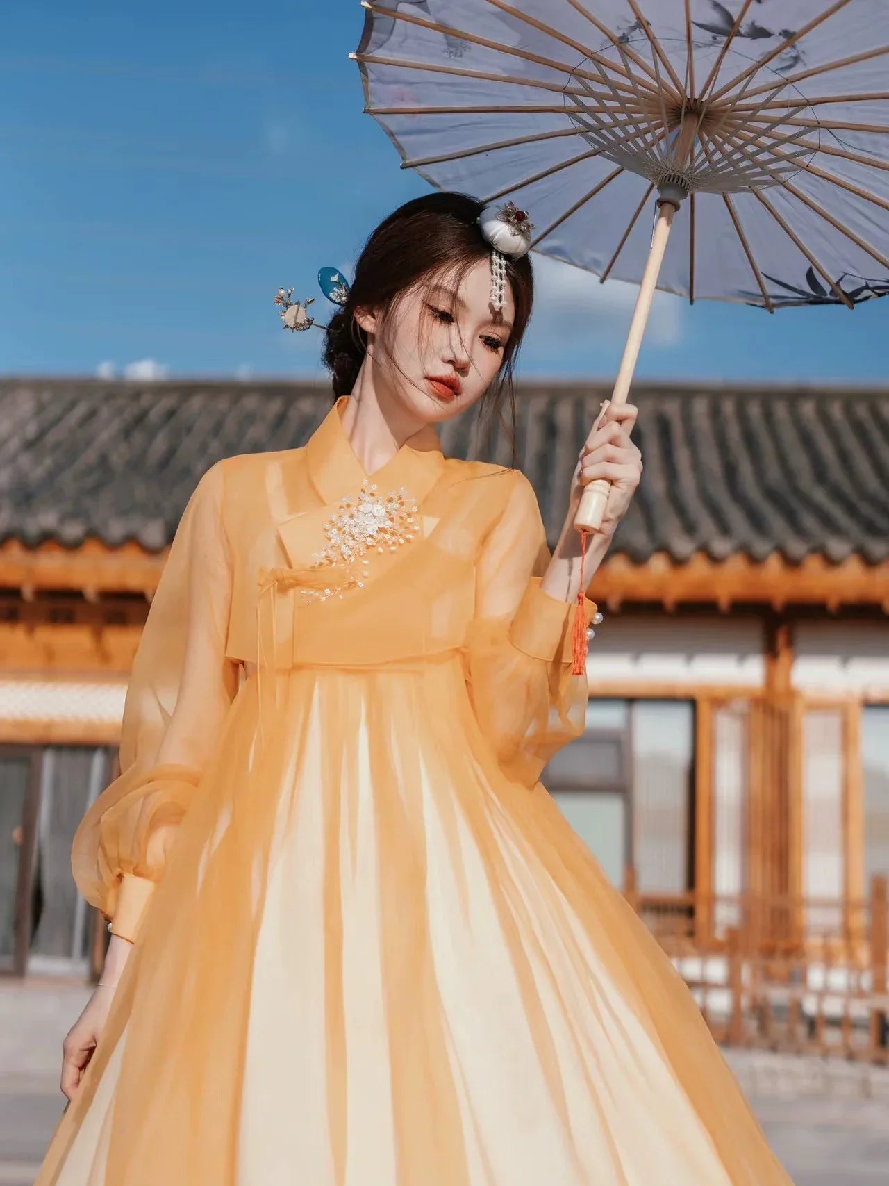 Orange Yanbian Yanji Korean dress Hanbok traditional court dress Clothing + headgear (free skirt support) / one size fits all