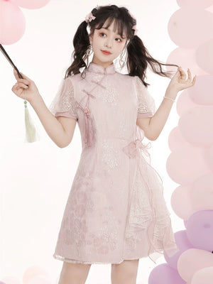 Original chinese brand han element peach blossom crisp lace short sleeved girl tassel sweet improved cheongsam fairy dress front view