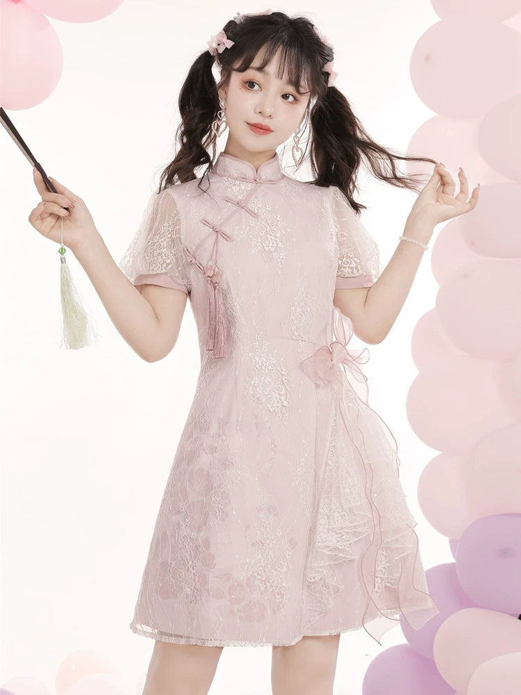Original chinese brand han element peach blossom crisp lace short sleeved girl tassel sweet improved cheongsam fairy dress front view