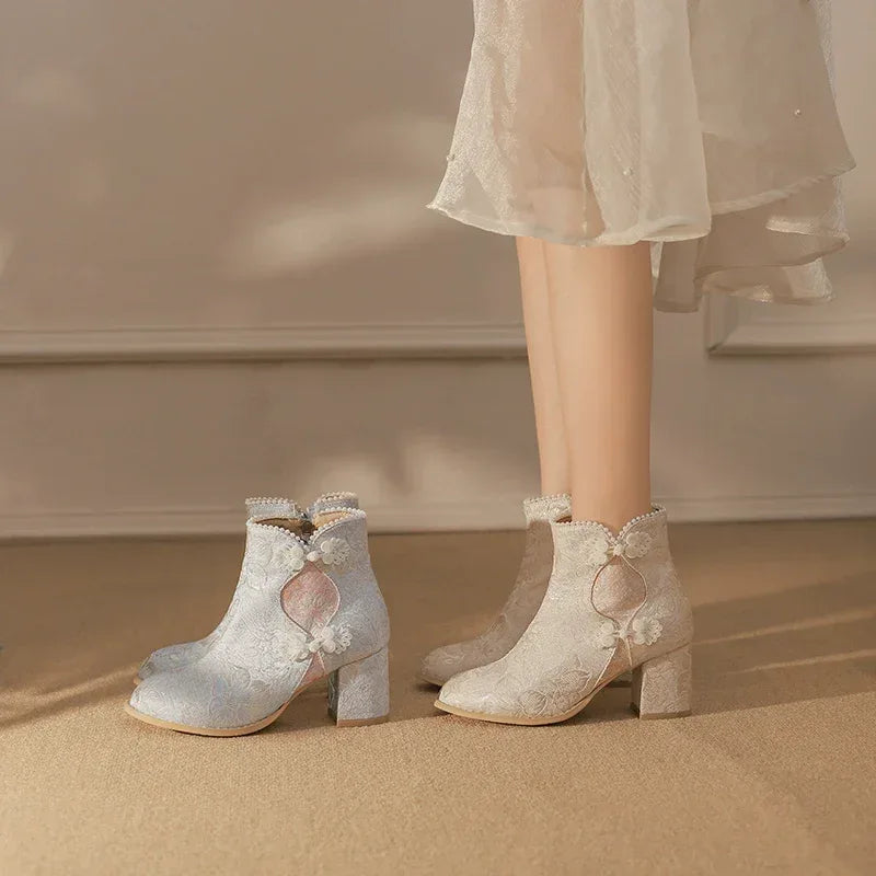 Pearl-Embellished Lift Boots – Modern Oriental Short Ankle Boots for Hanfu & Qipao - Yandan_Hanfu