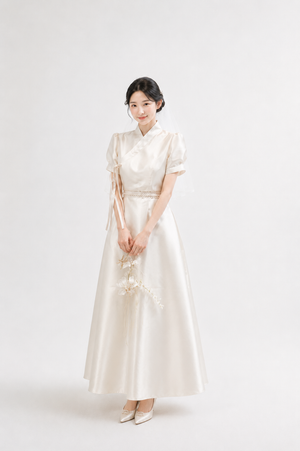 Pearl Satin Bridal Modern Hanbok Gown | Women's White Hanbok Wedding Dress for Bride