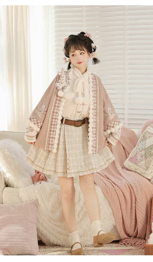 Pink autumn winter hanfu inspired set new chinese top and midi skirt modern outfit for women fabric detail