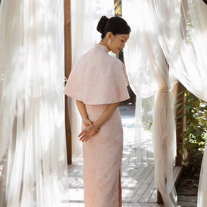 Pink cheongsam bridal gown and wedding dress new chinese shawl two piece set for engagement and wedding morning robe back view