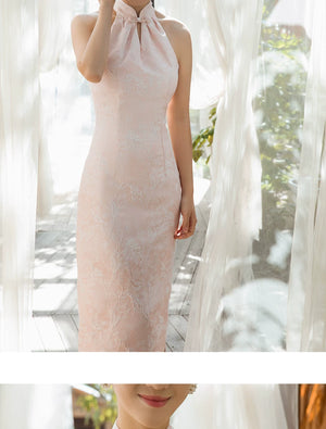 Pink new chinese cheongsam bridal gown shawl two piece wedding dress set for engagement and bridal morning robe fabric and shawl detail