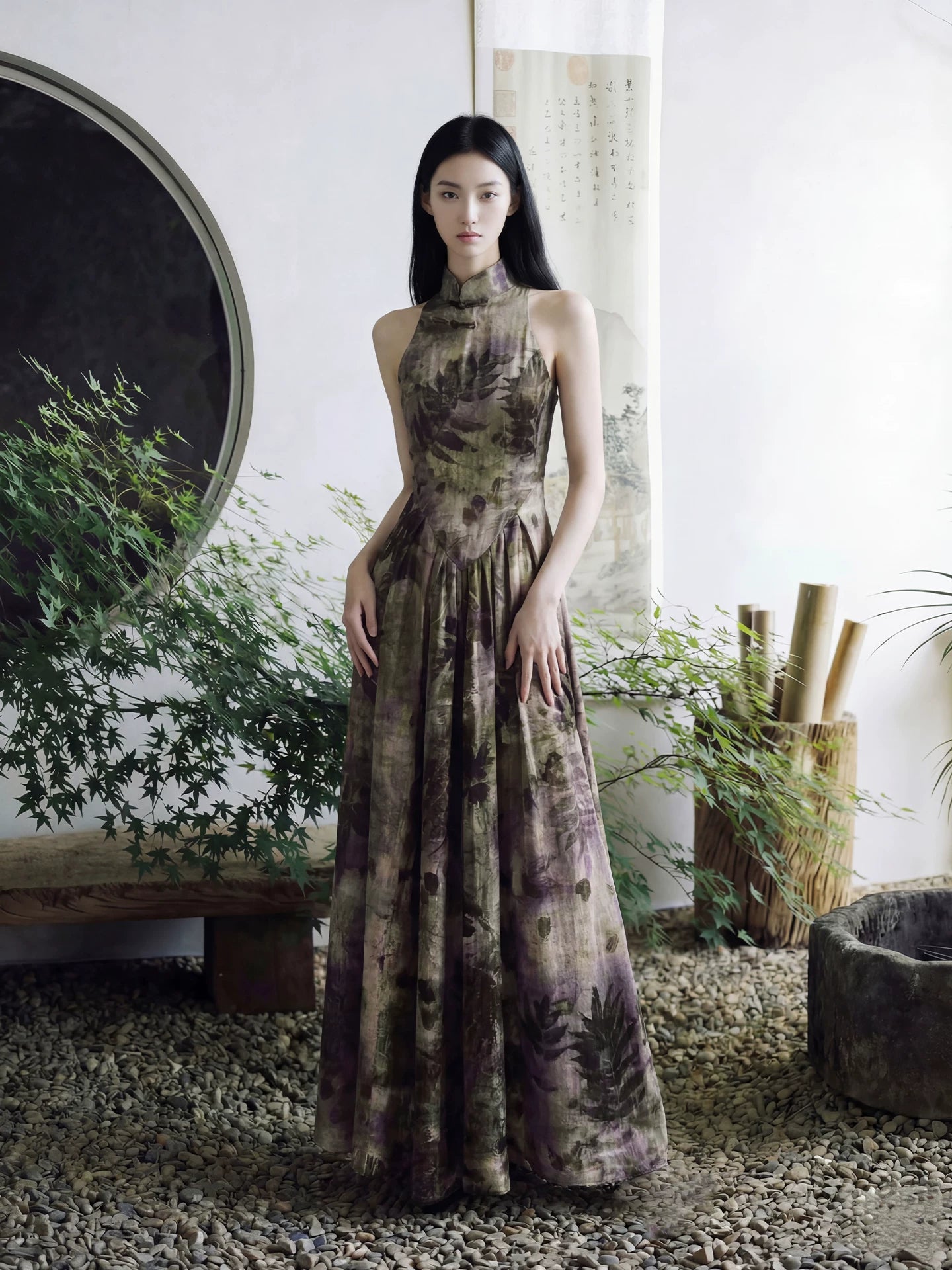 Plant tie dye french retro qipao sumeru improved sleeveless cheongsam dress