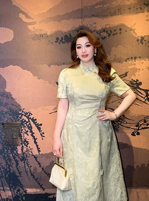 Plus size elegant jacquard cheongsam modern chinese mandarin collar dress with cut out neckline details full length view