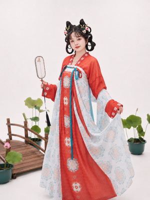 Plus size hanfu red tang dynasty round collar robe and white sheer wide sleeve cape with blue green mamian skirt gold floral court style for curvy women front view