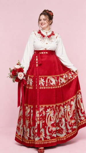 Plus size mamian skirt set red gold phoenix embroidered mamian skirt and white long sleeve top chinese wedding toast dress for curvy women front view