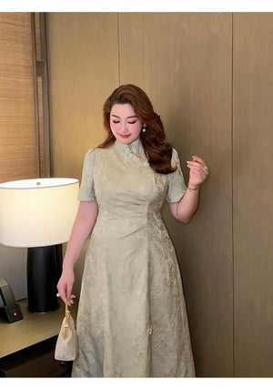 Plus size modern chinese qipao elegant jacquard mandarin collar dress with cut out back accents side view