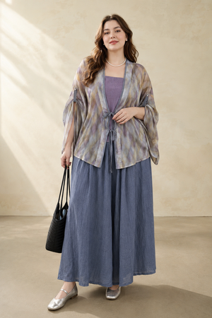 Plus size modern hanfu brown plaid tang dynasty wide sleeve cardigan robe casual streetwear daily outfit for curvy women front view