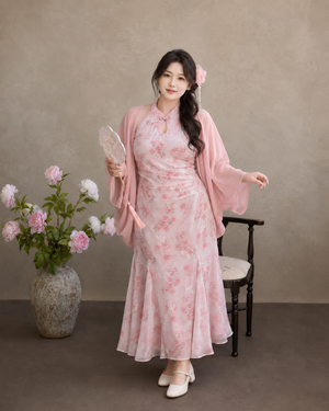 Plus size pink cherry blossom floral cheongsam qipao dress with cape elegant new chinese style summer for curvy women front view