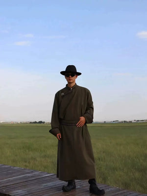 Premium hand fastened mongolian men robe traditional solid twill design for cultural events fabric and fastening detail