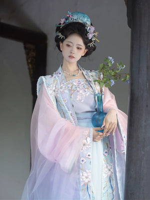 Purple blue gradient embroidered hanfu set yu yin song dynasty 5 piece traditional costume side view