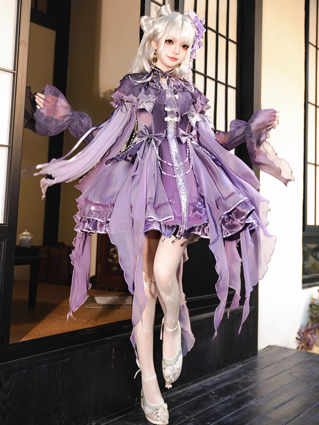 Purple lolita hanfu cloud shoulder set sweet chinese style suspender dress front view with bow detail