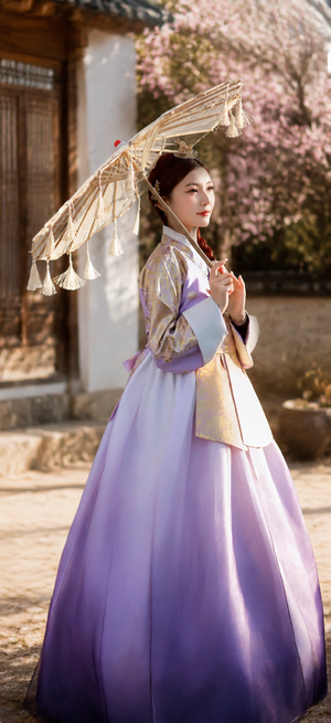 Purple mist hanbok gilded jacquard floral design with ombre tulle skirt for outdoor photos women back view
