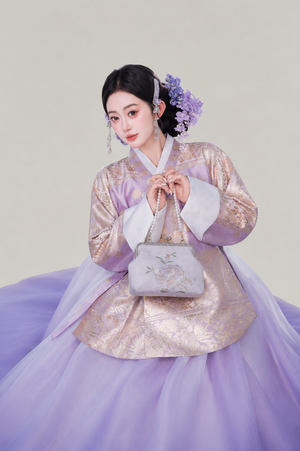 Purple mist ombre tulle hanbok gilded jacquard floral skirt for outdoor photos and events women fabric detail