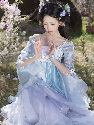 Qingque blue sparrow hanfu set heavy embroidery chest length skirt spring summer