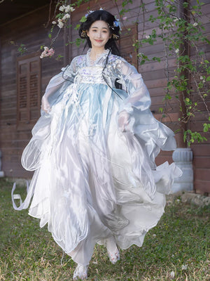 Qingque hanfu chest length skirt set heavy embroidery blue sparrow style spring summer