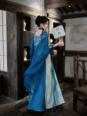 Qingshan line new chinese dress set yu bai xin blue butterfly lace embroidery cardigan with tencel jacquard dress